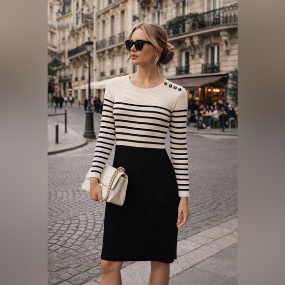 Karl Lagerfeld Dresses & Skirts - Karl Lagerfeld Paris Striped Knit Dress  French Chic Ribbed Dress